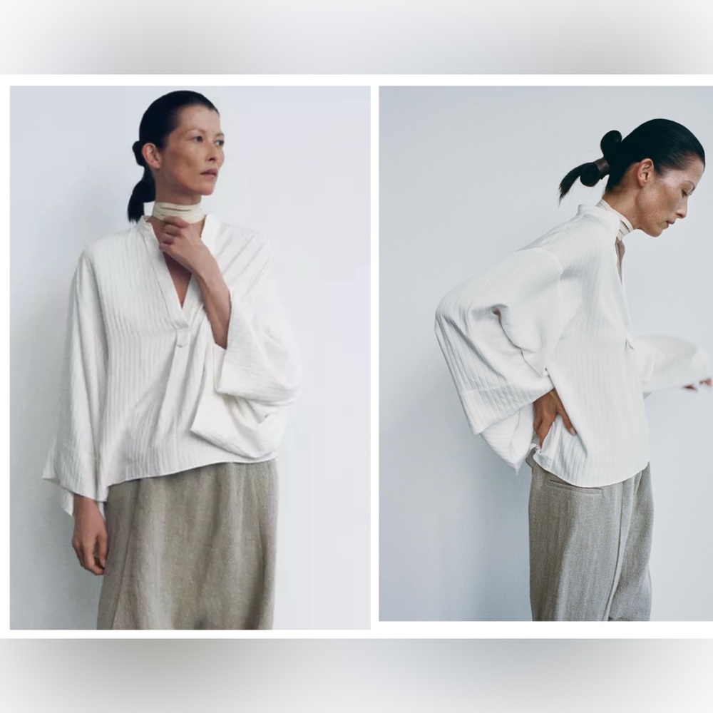 Zara White Striped kimono Minimalist Lagenlook Blouse Ethereal V Neck Size XL